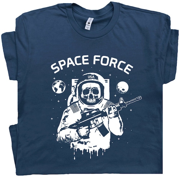 Space Force T Shirt Astronaut Skull T Shirt USA US Space Force Nasa Cool Vintage Military Logo Graphic Tee Skeleton Guns 2nd Amendment