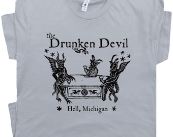 Drunken Devil Bar T Shirt Cool Dive Bar T Shirt Vintage Beer Logo Tee Retro Pub Shirt Lucifer Funny Beer Graphic Shirt for Men Women