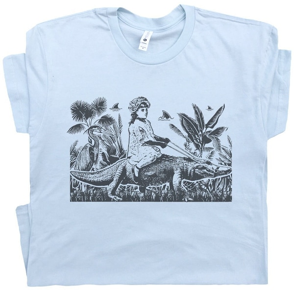 Girl Riding Alligator T Shirt Weird Shirts for Women Ladies Men Cute Vintage Florida Graphic Tshirt Cool Unusual Gator Tee Original Retro