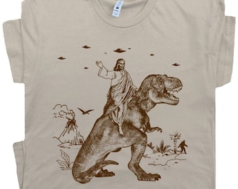 Jezus rijden dinosaurus T-shirt UFO T-shirt grappige T-shirts offensief T-shirt coole grafische T-shirts gekke shirts voor mannen vrouwen jongens nieuwigheid Tee