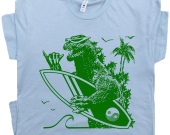 Dinosaur Surfing T Shirt Cool Surf T Shirt 80s Vintage Surf Shirt 70s Surfboard Tee Tiki Bar Gift For Retro Surfer Mens Women Kids