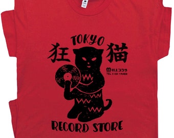 Tokyo Record Store T Shirt Black Cat T Shirt Vinyl Record Player Cool Vintage Rock Tee DJ Graphic Melting Band Music Import Japan Tee