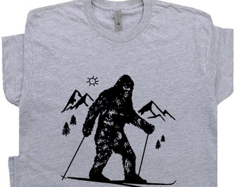 Bigfoot Skiing T Shirt Funny Skier T Shirt Cool Snow Skiing Tee Hilarious Yeti Vintage Graphic Tee Sasquatch Tshirt Mens Womens Kids Teen