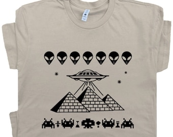 Pyramids UFO T Shirt Aliens Shirts Cryptozoology Egypt Graphic Tee Flying Saucer Storm Area 51 Abduction Bigfoot Mens Womens Kids