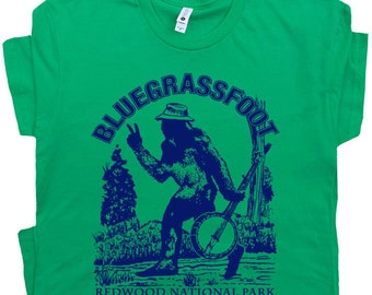 Bluegrassfoot Bluegrass T Shirt Banjo Shirts Cool Vintage Bigfoot Tees Redwood Forest Yosemite Mandolin Sasquatch tShirt Folk Band Shirts