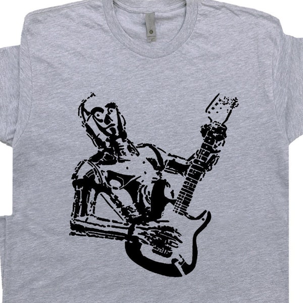 Maglietta per chitarra robot Droid che suona una maglietta per chitarra elettrica fantastica Basso divertente per chitarrista acustico vintage Maglietta grafica per banda strana