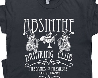 Absinthe T Shirt Paris France Famous Bar T Shirt Cool Vintage Graphic Tee Skeleton Drinking Fairy Alcohol Moonshine Retro Mens Womens T