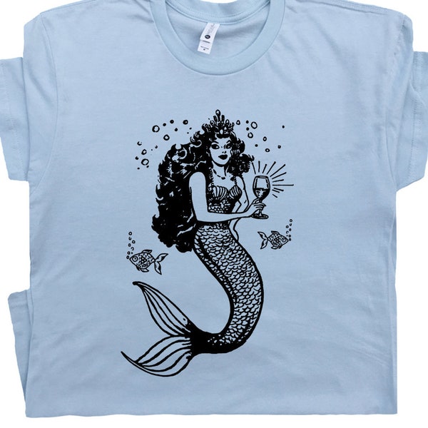 Mermaid T Shirt Vintage Mermaid Drinking Wine T Shirt Funny T Shirt Weird Tee Sea Maiden Womens