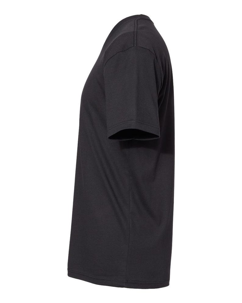 May include: A solid black short-sleeve t-shirt. The shirt has a crew neck and a relaxed fit. The fabric appears to be a soft, lightweight material. The image shows a side view of the shirt.