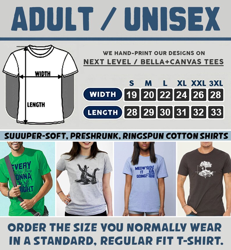 Puede incluir: Una tabla de tallas para camisetas unisex, que muestra las medidas de ancho y largo en pulgadas para las tallas S a 3XL. La tabla est&aacute; impresa sobre un fondo blanco con texto negro. El texto "SUUUPER-SOFT, PRESHRUNK, RINGSPUN COTTON SHIRTS" est&aacute; impreso debajo de la tabla. Se muestran cuatro ejemplos de camisetas con diferentes dise&ntilde;os debajo del texto.