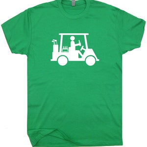 May include: A green t-shirt with a white silhouette of a person driving a golf cart with a cooler of drinks and golf clubs.