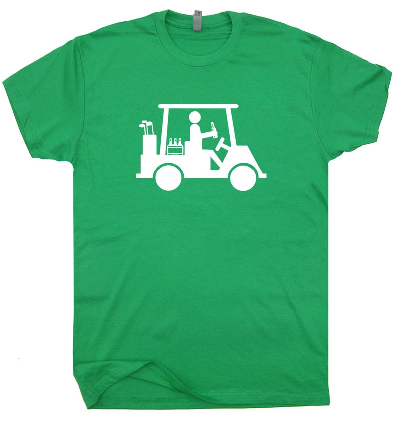 May include: A green t-shirt with a white silhouette of a person driving a golf cart with a cooler of drinks and golf clubs.