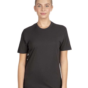 May include: A charcoal gray crew neck t-shirt. The short-sleeved shirt is made of a soft material and is worn by a person. The shirt has a classic, simple design.