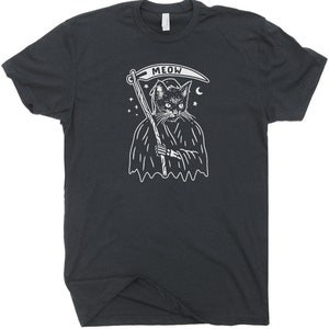 May include: Black t-shirt with a white graphic of a cat dressed as the Grim Reaper holding a scythe. The graphic says "MEOW" above the cat.