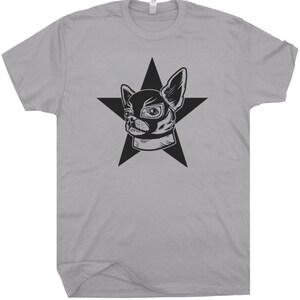 May include: A gray t-shirt with a black and white illustration of a chihuahua wearing a mask inside a black star.