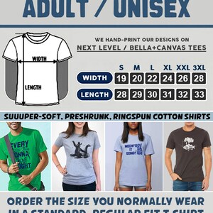 Pode incluir: Uma tabela de tamanhos para t-shirts unissex, mostrando as medidas de largura e comprimento em polegadas para os tamanhos S a 3XL. A tabela &eacute; impressa em um fundo branco com texto preto. O texto "SUUUPER-SOFT, PRESHRUNK, RINGSPUN COTTON SHIRTS" &eacute; impresso abaixo da tabela. Tr&ecirc;s exemplos de t-shirts com diferentes designs s&atilde;o mostrados abaixo do texto.
