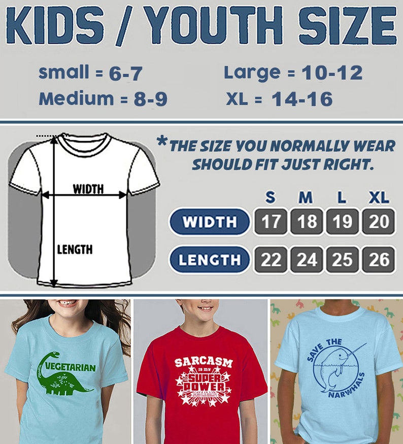 Pode incluir: Uma tabela de tamanhos para t-shirts de crian&ccedil;as e jovens. A tabela mostra as medidas de largura e comprimento em polegadas para os tamanhos small, medium, large e extra large. A tabela tamb&eacute;m mostra as faixas et&aacute;rias correspondentes para cada tamanho. A tabela &eacute; ilustrada com tr&ecirc;s t-shirts com designs diferentes: uma t-shirt azul com um dinossauro verde e a palavra "Vegetariano", uma t-shirt vermelha com uma estrela branca e as palavras "O sarcasmo &eacute; o meu superpoder", e uma t-shirt azul claro com um narval azul e as palavras "Salve as narvais".