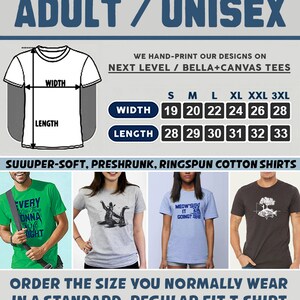 May include: A size chart for unisex t-shirts, showing width and length measurements in inches for sizes small through 3XL. The chart is printed on a white background with black text. The text "SUUUPER-SOFT, PRESHRUNK, RINGSPUN COTTON SHIRTS" is printed below the chart. Four examples of t-shirts with different designs are shown below the text.