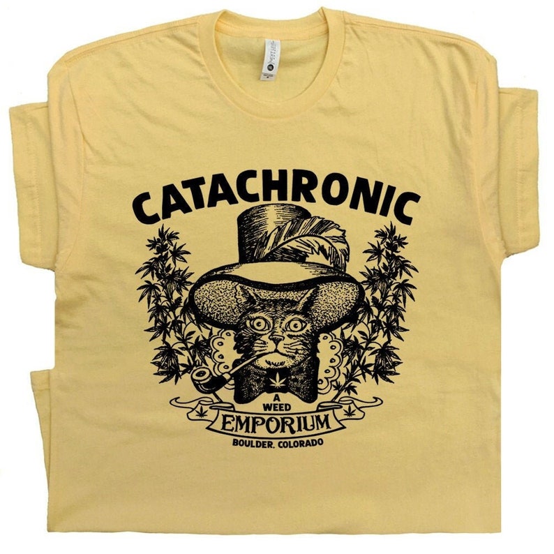 Cool Marijuana T Shirt Colorado Funny Cat Smoking Weed Cafe Tee Catachronic Vintage Stoner T Shirt CBD Oil Pot Leaf Cannabis 420 Graphic 