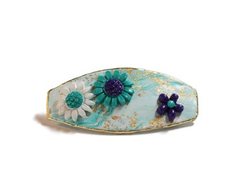 Flower Hair Clip Barrette, Turquoise Purple Flowers, Barrettes for Spring, Clips for Medium Hair, Floral Barrettes, Hair Clips for Girls