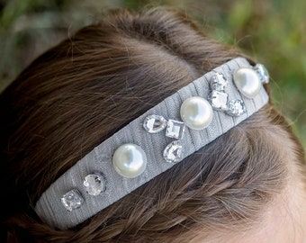 Jeweled Headband, Silvery Gray Headband, Pearl and Crystal Hair Accessory, Bridal Party Accessory, Prom Hair Styles