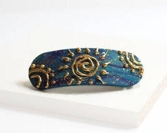 Sun Moon Hair Clip, Blue Celestial Hair Barrette, Barrette for Thick Hair