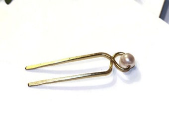 Pins de pelo Hammered Brass Twist, horquillas de pelo de perla, horquillas para el cabello largo, accesorios para el cabello hechos a mano, pasadores de pelo de perla de agua dulce