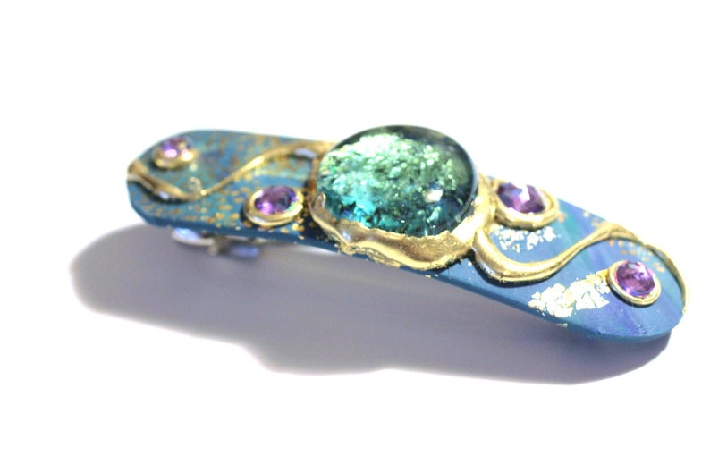 French Barrette in SeaBlue, Cute Hair Clips, Large Hair Barrette, Jeweled Hair Accessory in Turquoise and Amethyst image 2