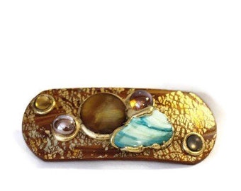 Hair Barrette Hair Clip Natural Color Clip Womens Hair Accessory, Hair Clip, Polymer Clay Barrette, Gold, Copper,Turquoise Hair Barrette