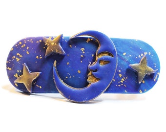 Hair Clip with Moon, Moon and Stars Barrette, Barrette for Thick Hair, Large Hair Clip, Hair Clip for Thick Hair, Polymer Clay Clips