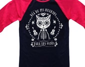 CATS 39 DAY of the DEAD Unisex Baseball Tee Cat Tee Shirt Black with Red Sleeves