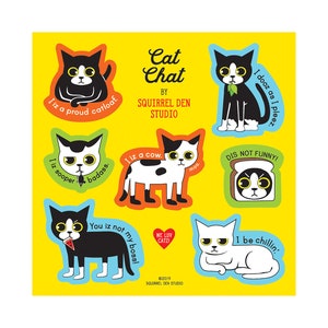 May include: A set of nine colorful stickers featuring cats with different expressions and sayings. The stickers are on a yellow background and feature phrases like "I iz a proud catloaf" and "I be chillin."