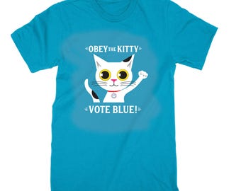 VOTE BLUE | Cat T-shirt | Unisex | Percentage Donated to ActBlue | White Cat
