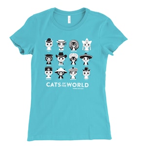 Cat T-shirt CATS of the WORLD Turquoise Blue Slim-fit Ladies' Tee On Sale image 1