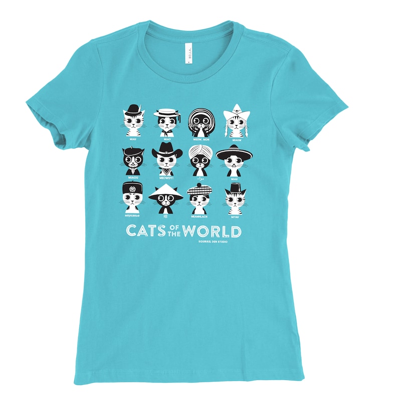 Cat T-shirt CATS of the WORLD Turquoise Blue Slim-fit Ladies' Tee On Sale image 1