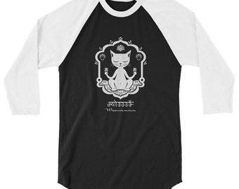 Cat T-shirt | Yoga Kitty | Unisex 3/4 Sleeve Raglan Tee | Black/White or Heather Gray/Navy