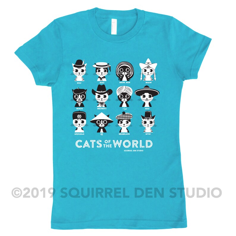 Cat T-shirt CATS of the WORLD Turquoise Blue Slim-fit Ladies' Tee On Sale image 8