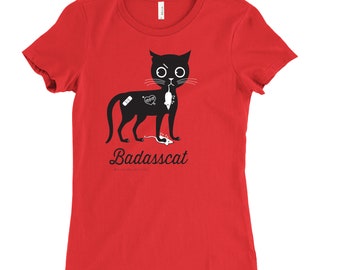 BADASSCAT Cat T-Shirt | Cherry Red Slim-fit Woman's Tee | NON-SMOKING version | On Sale!