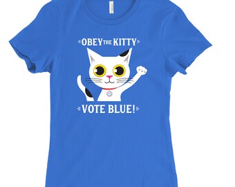 VOTE BLUE | Women's Cat T-shirt | White Cat | Percentage Donated to ActBlue