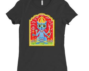 Kat T-shirt | Kali-kat T-shirt | Zwart nauwsluitend T-shirt voor dames