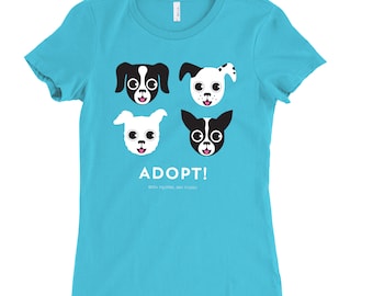 DOG T-shirt |  ADOPT DOG |  Turquoise Blue Slim-Fit Ladies Dog Tee Shirt | On Sale!