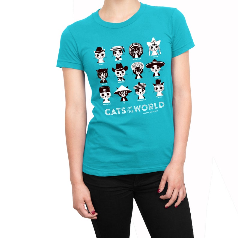 Cat T-shirt CATS of the WORLD Turquoise Blue Slim-fit Ladies' Tee On Sale image 6