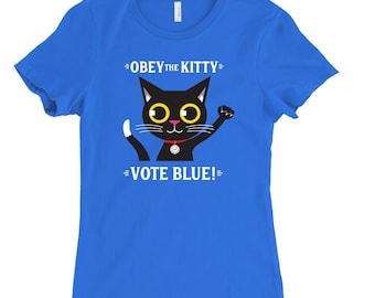 VOTE BLUE | Women's Cat T-shirt | Black Cat | Percentage Donated to ActBlue