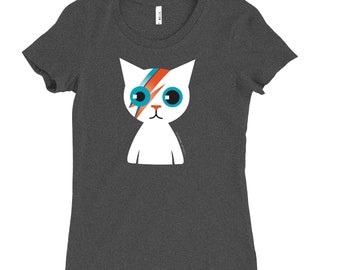 BOWIE KITTY SHIRT | Charcoal Grey Slim-fit Ladies' Cat Tee Shirt | Ziggy Stardust Cat Shirt | On Sale!