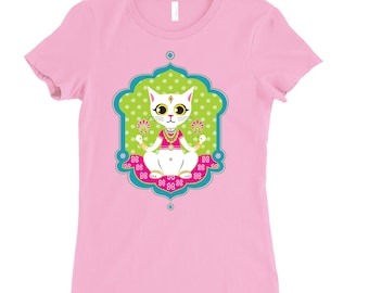 Cat T-shirt | India-Inspired Kitty Tee Shirt | Women's Fitted Tee | Pink or White