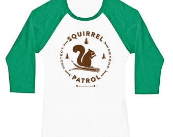 Squirrel T-shirt | SQUIRREL PATROL | Slim-Fit Ladies Baseball Tee Shirt | White with Green Sleeves | On Sale!