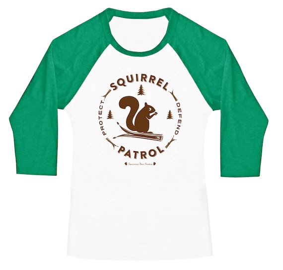 Squirrel Patrol T-Shirt: Slim-Fit Baseball Tee, Green Sleeves
