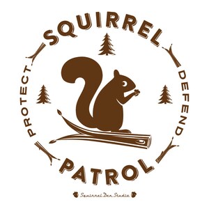 May include: Brown and white logo with a squirrel holding a nut, sitting on a branch. The logo is surrounded by a circle with the text "Squirrel Patrol" and the words "Protect" and "Defend" on either side. The text "Squirrel Den Studio" is at the bottom of the logo.