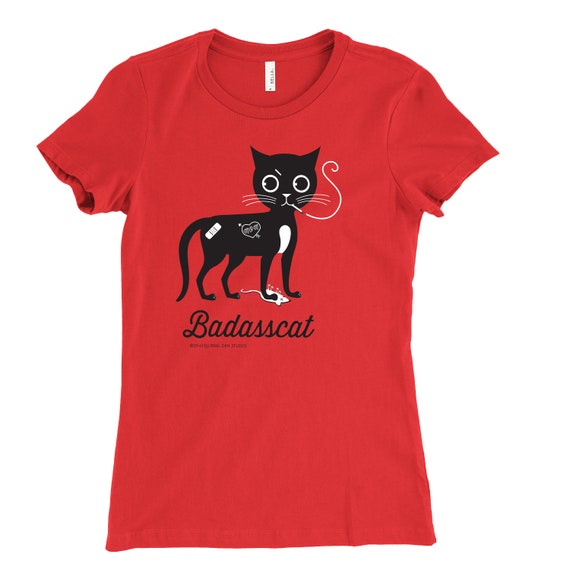 BADASSCAT Cat T-shirt | Red Slim-fit Women's Tee | Smoking Version | On Sale!