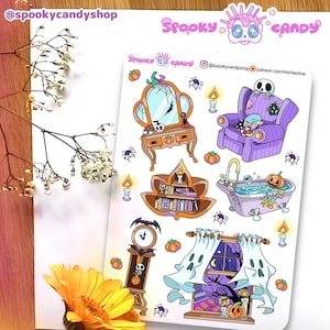 Haunted house furniture halloween stickers sheet - scrapbook bujo lifeplanner book of shadows witch spooky creepy cute pastel goth
